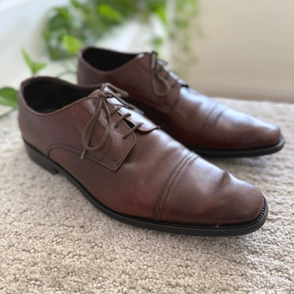 TO BOOT ITALY‎ Men 12 Brown Leather PLAIN Cap Toe Lace Up Dress Shoes OXFORD